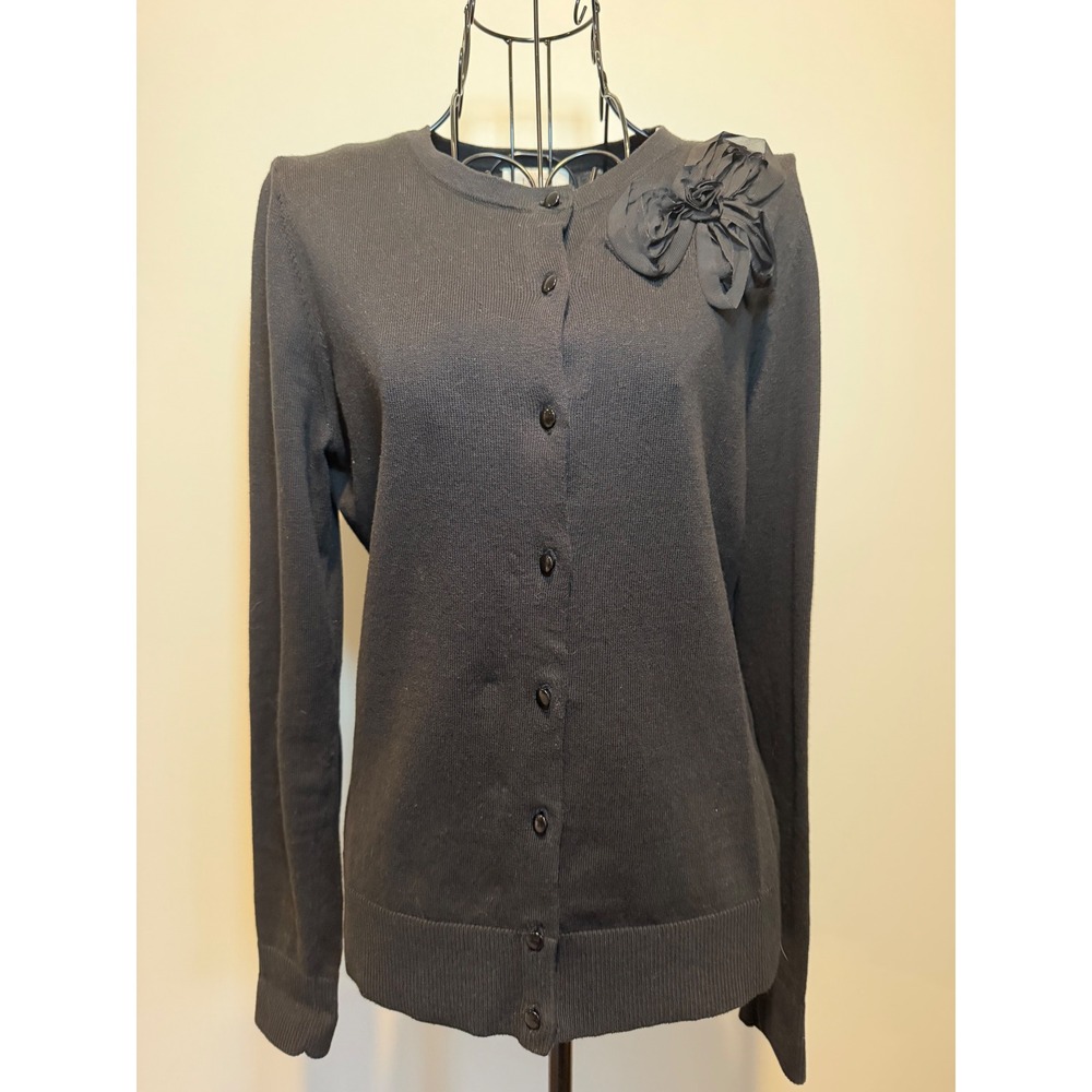 Ann Taylor LOFT Black Cotton Floral Rosette Applique Button Front Cardigan Small